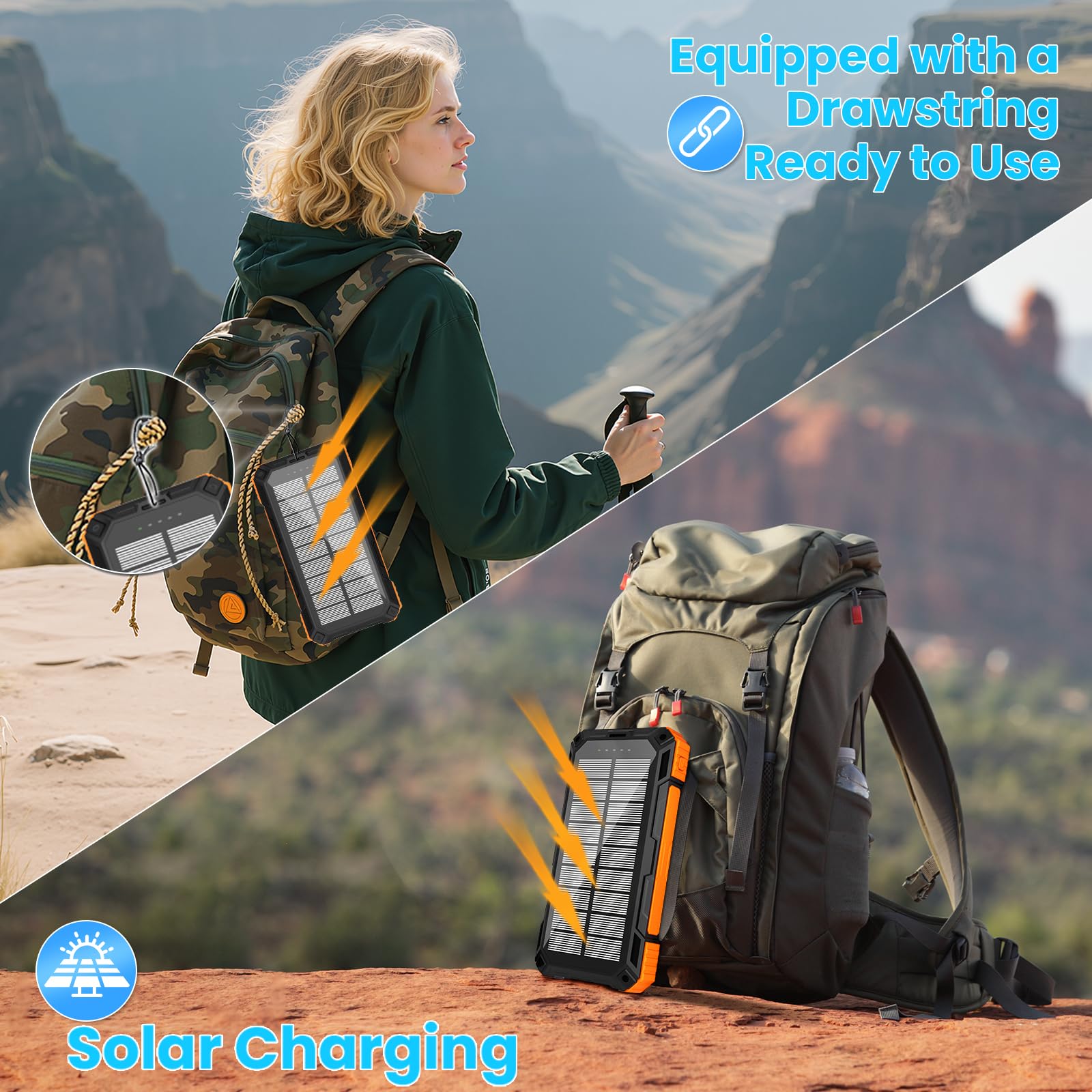 Solar Power Bank 49800mAh - Wireless Portable Charger 15W Fast Charging with 4 Built-in Cables. Equipped with a Powerful Flashlight, IP65 Outdoor Waterproof Power Bank Perfect for Camping, Hiking