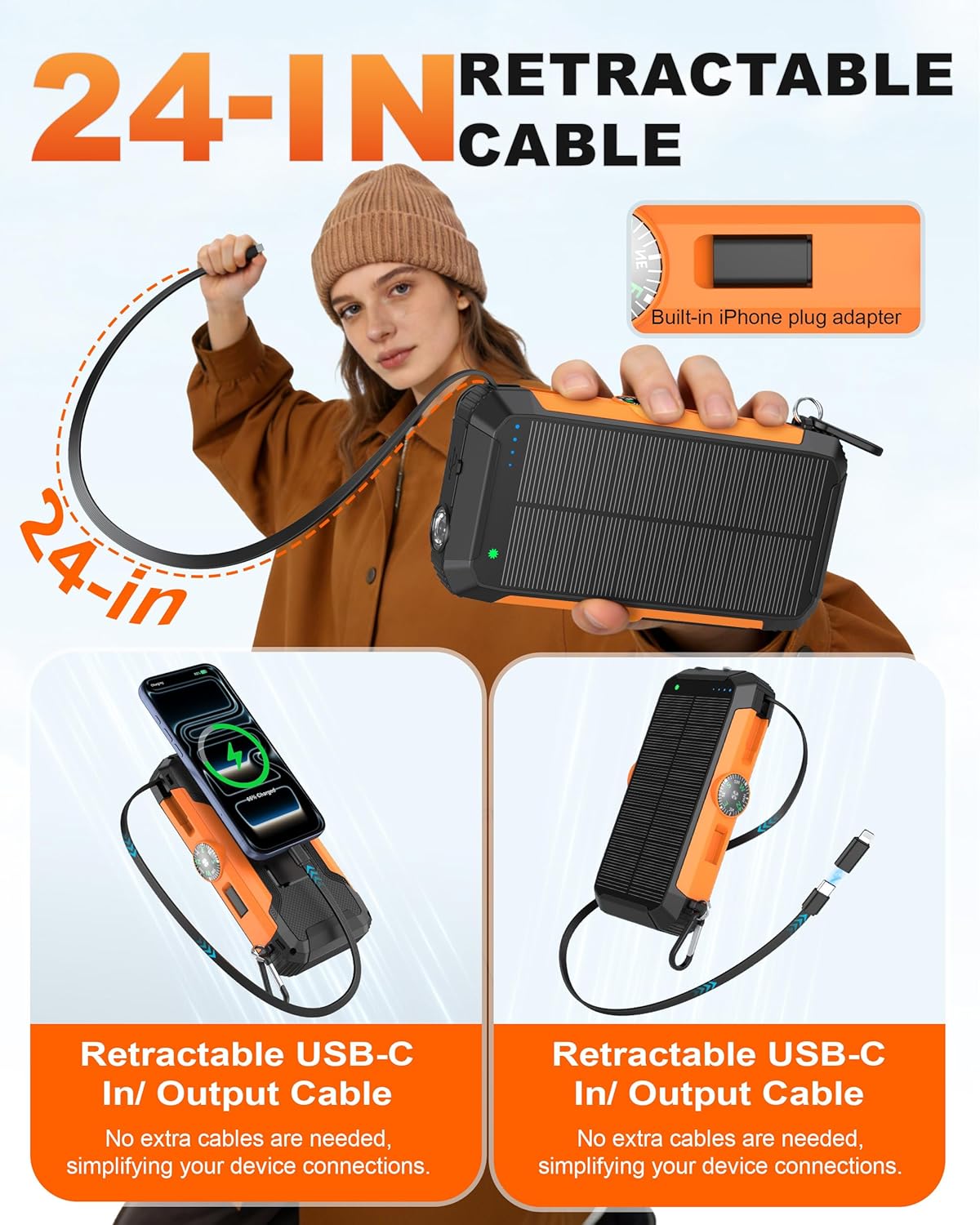 Solar Power Bank 20000mAh, 22.5W Fast Charging Portable Charger with Built-in Retractable USB-C Cable & iOS Adapter, Wireless Charger, Hand Crank Emergency Charger, Dual LED Flashlight for Camping
