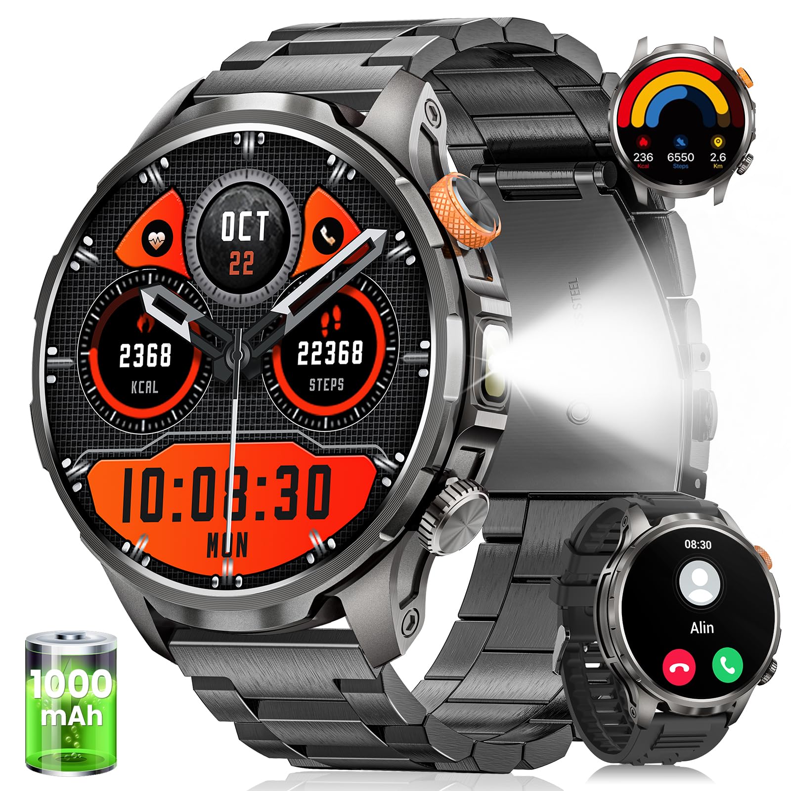 Military Smart Watches for Men, Smart Watch with 100 Days Battery/Flashlight/Heart Rate/Sleep/SpO2 Monitor/Calling/110+ Sports Mode, 5 ATM Rugged Men's Fitness Tracker Watch for Android iPhone(Black)