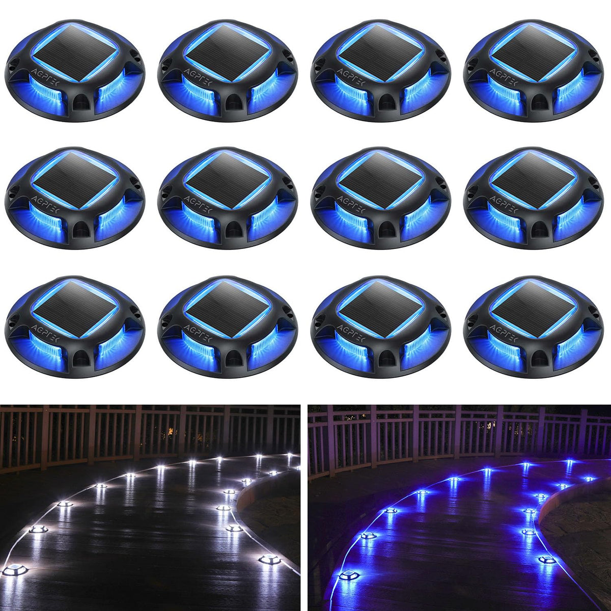 AGPTEK Solar Driveway Lights Outdoor 8 Pack, 2 Color Modes LED Deck Dock