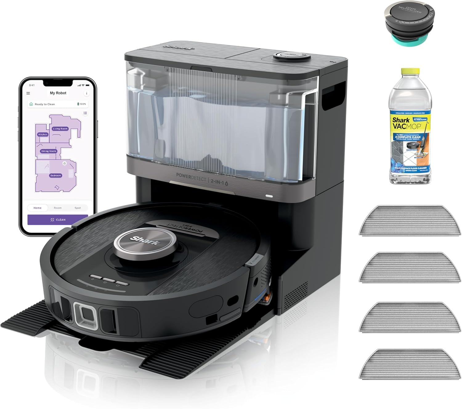 Shark PowerDetect NeverTouch, Self-Empty & Self-Refill, Robot Vacuum and Mop with Bagless, 30-Day Debris Capacity HEPA Base, 30-Day Capacity Refill Tank, Pad Dry, Black, AV2810YS