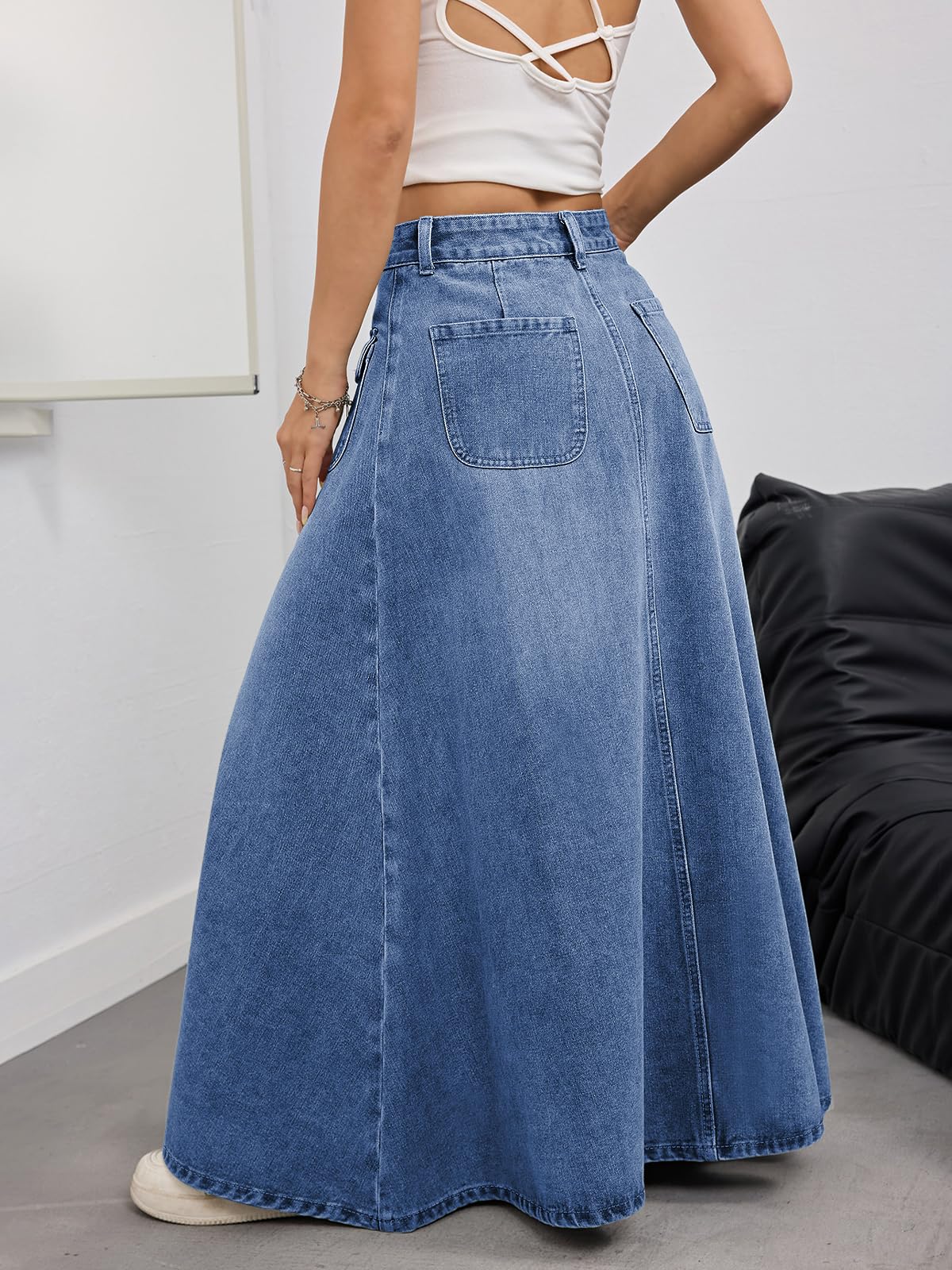 ebossy Women's Vintage Mid-Rise Multi-Pockets Flared Long Jean Skirts Pleated Flowy Swing A-line Denim Maxi Skirts