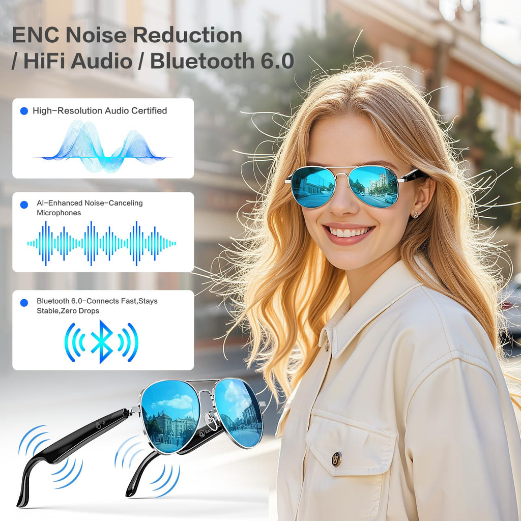 AI Smart Glasses with Chat GPT, AI Translation Glasses with 164 Language, Classic Aviator Sunglasses with Voice Assistant/AI Calling, IP65 Waterproof, Multifunctional Smart Glasses for Men Women