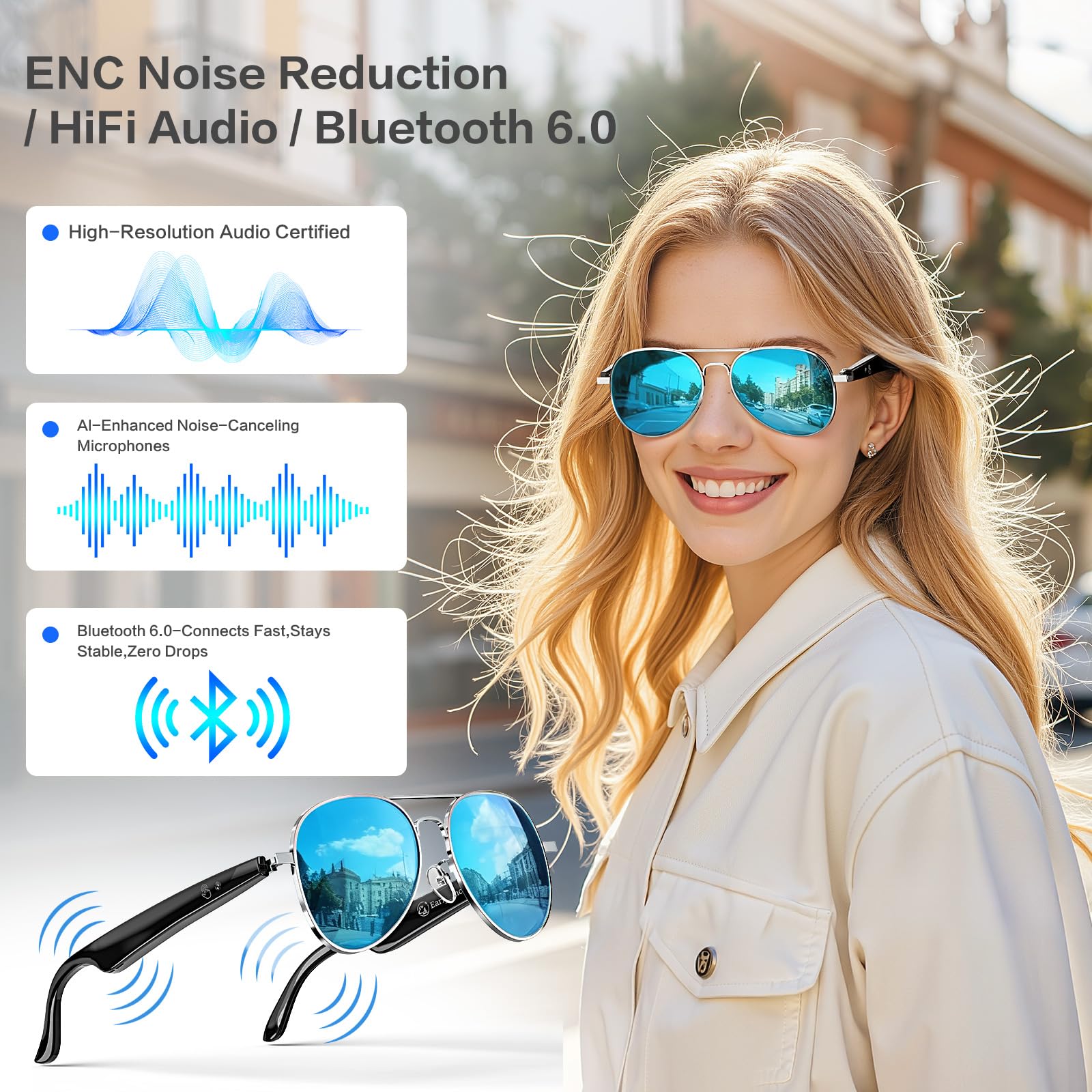 AI Smart Glasses with Chat GPT, AI Translation Glasses with 164 Language, Classic Aviator Sunglasses with Voice Assistant/AI Calling, IP65 Waterproof, Multifunctional Smart Glasses for Men Women