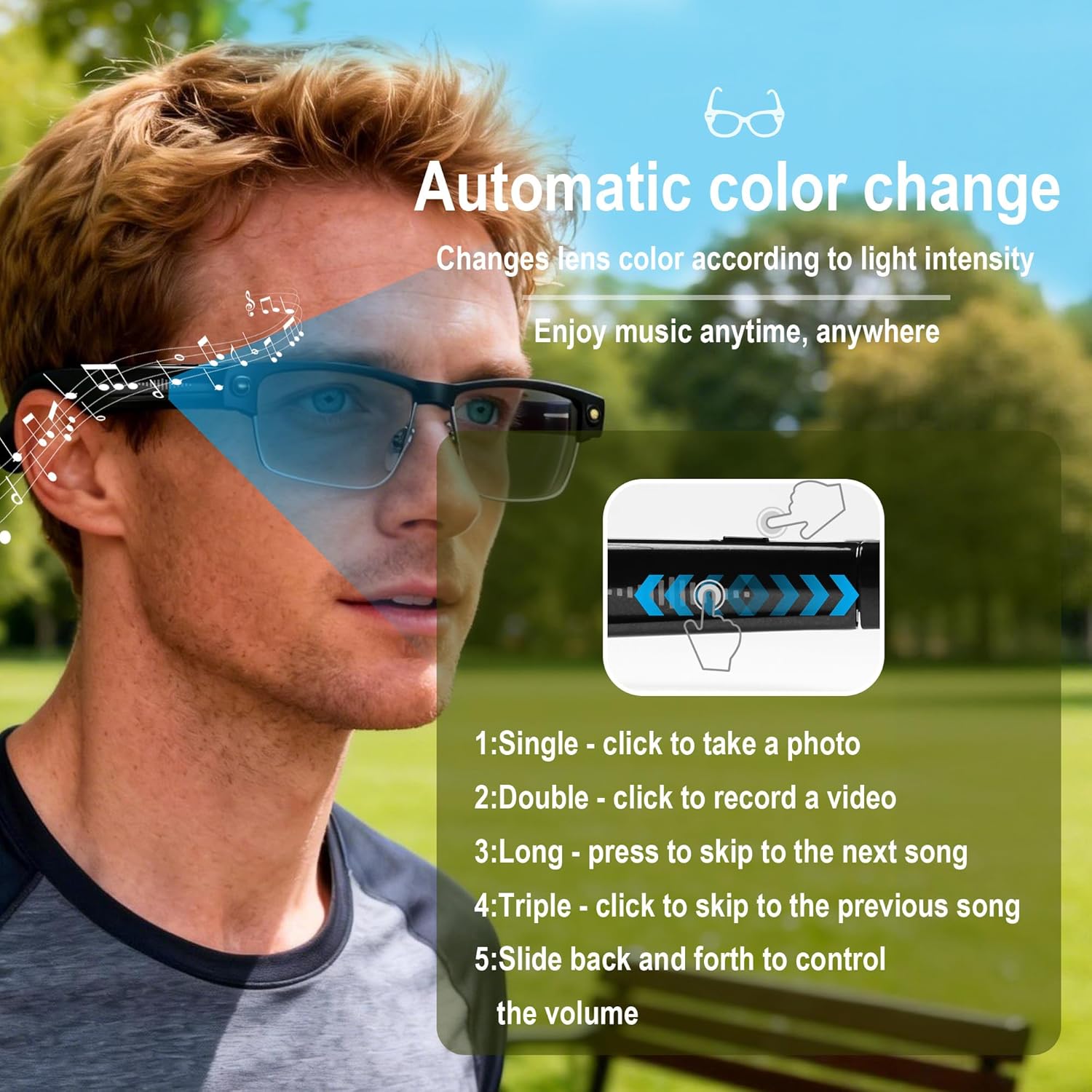 MSCGLYXGS AI Smart Glasses with Camera, 8MP HD Video Recording, Real-Time Translation, Voice Assistant, Open-Ear Audio, Metal Frame, Auto Color-Changing Lenses for Travel & Vlogging