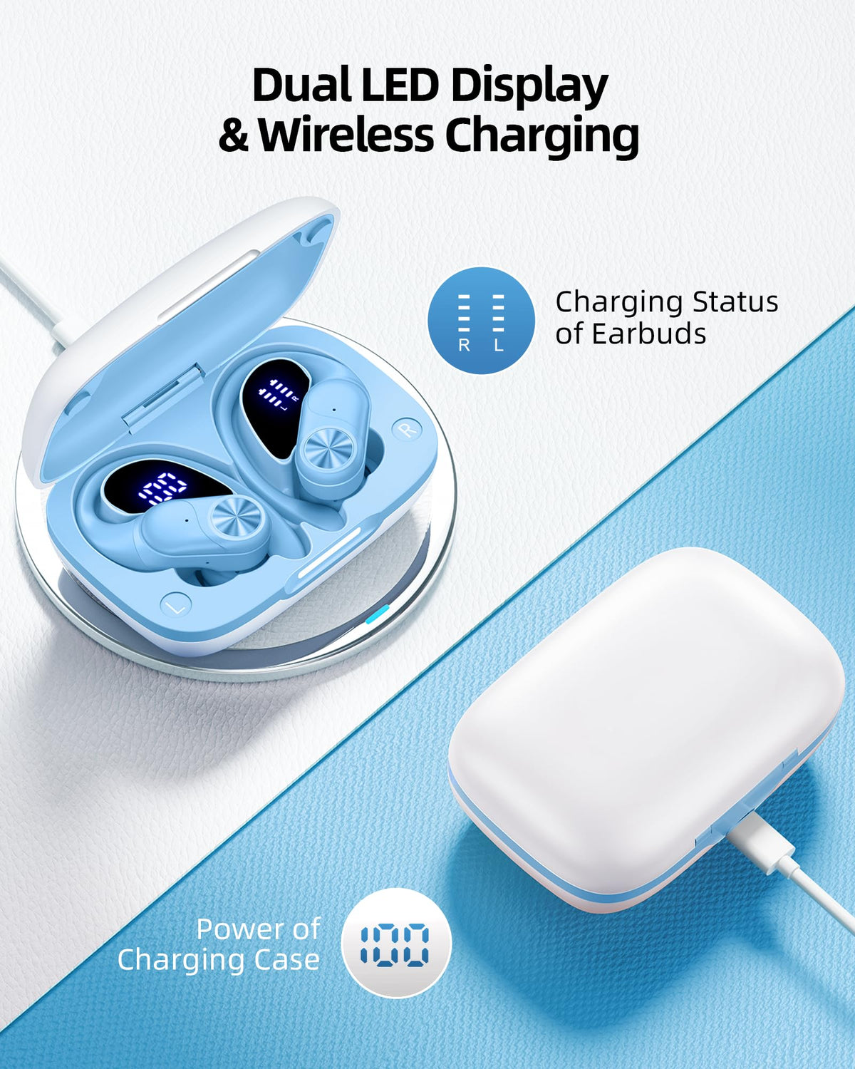 PocBuds Bluetooth Headphones Wireless Earbuds 80hrs Playtime Wireless Charging Case Digital Display Sports Ear Buds with Earhook Deep Bass IPX7 Waterproof Over-Ear Earphones for TV Phone Laptop Black