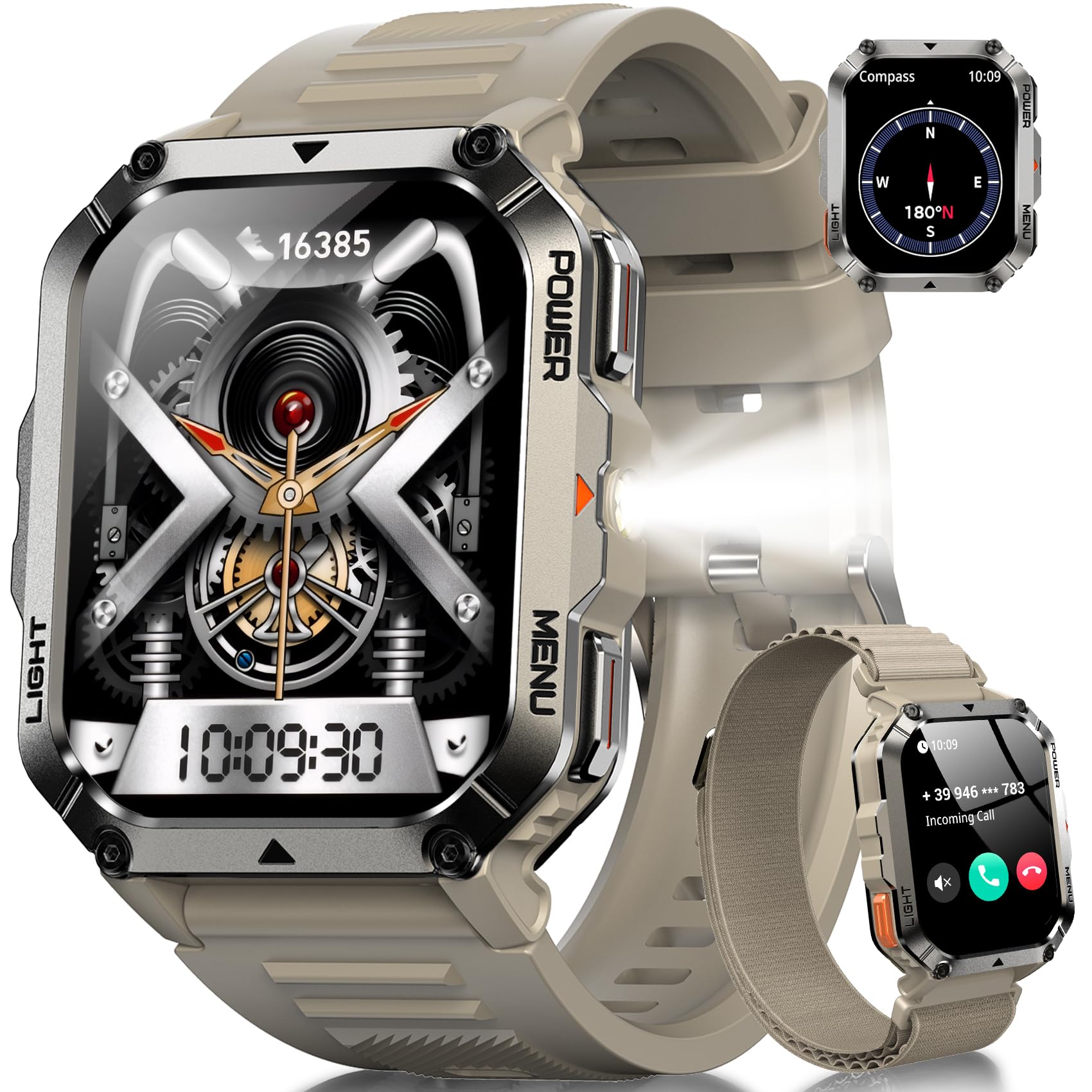 Military Tactical Smart Watches for Men, 100-Day Battery Rugged Fitness Watch with Compass & Flashlight, Sports Watch for Android with 2.01" HD Display AI Voice, IP68 Waterproof Smartwatch (Black)