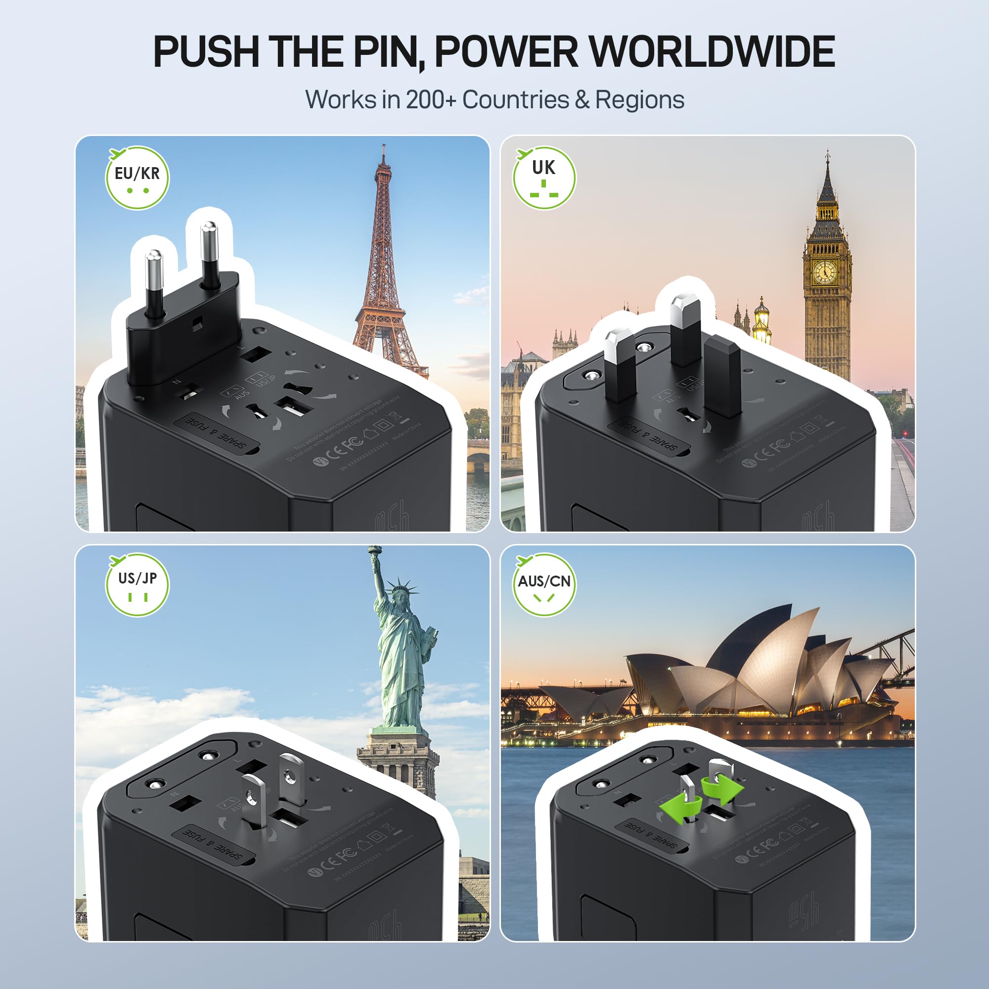 EPICKA Universal Travel Adapter GaN 45W, European Travel Plug Adapter with PD&QC Fast Charging(2 USB-A & 3 USB-C Ports) - Worldwide Travel Essentials, International Power Adapter for UK/US/AU (Black)