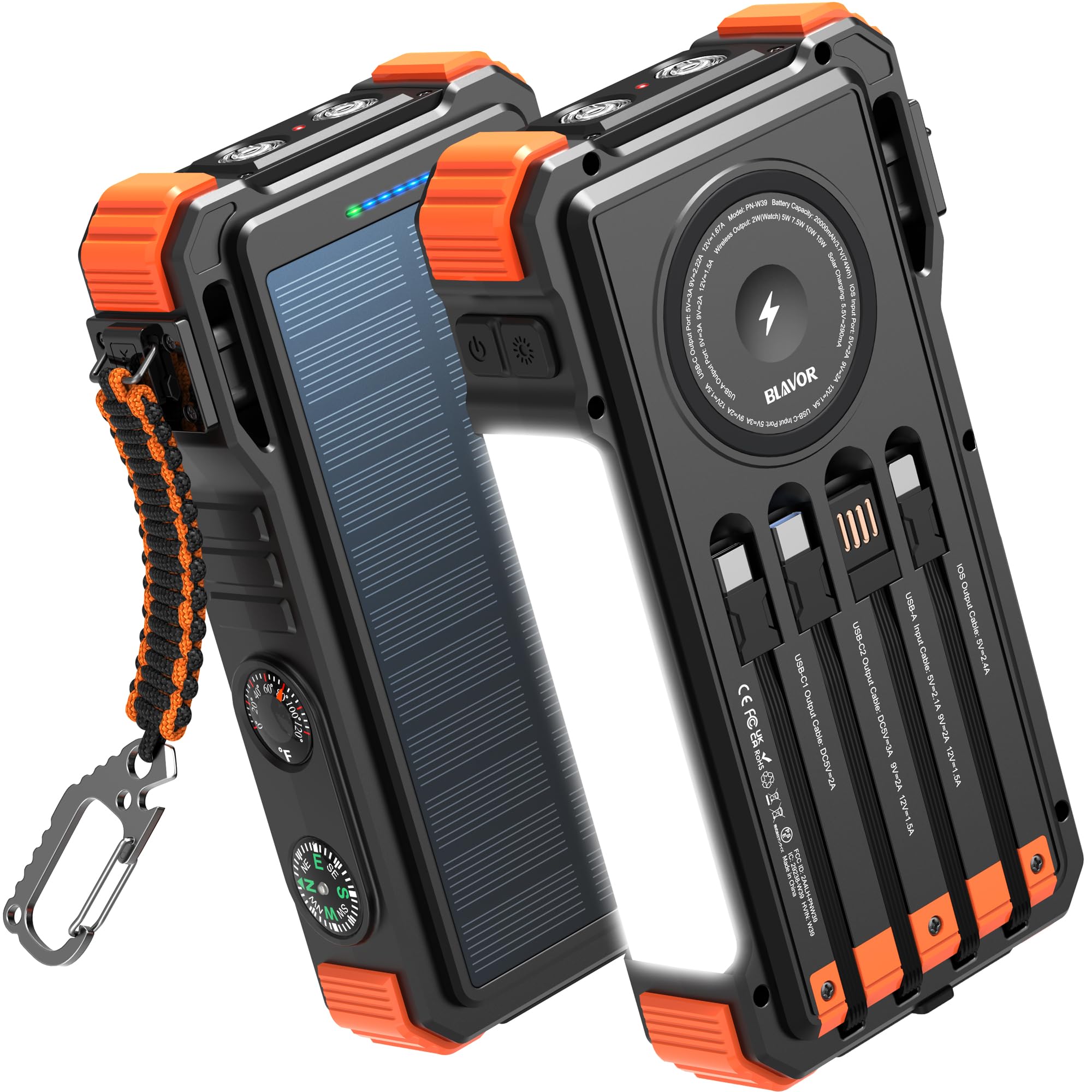 BLAVOR Solar Power Bank 20000mAh Built-in Cables, Wireless Charger for Phones & Apple Watch, 20W Fast Charging Battery Pack with USB C, Flashlight, Solar Charger for iPhone, iPad, iWatch, Samsung
