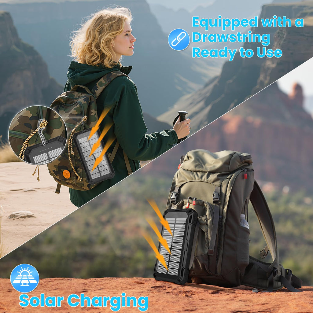 Solar Power Bank 49800mAh - Wireless Portable Charger 15W Fast Charging with 4 Built-in Cables. Equipped with a Powerful Flashlight, IP65 Outdoor Waterproof Power Bank Perfect for Camping, Hiking