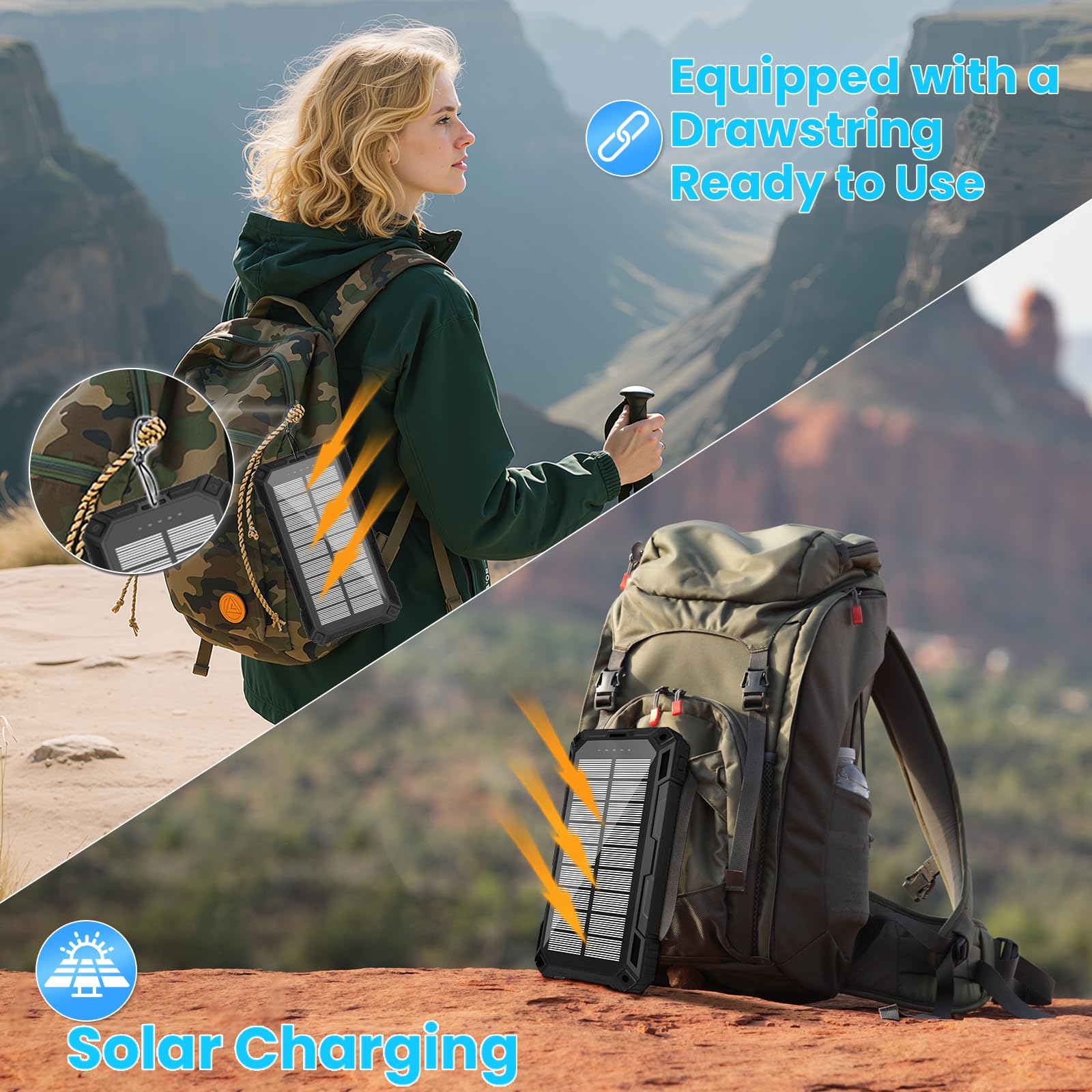 Solar Power Bank 49800mAh - Wireless Portable Charger 15W Fast Charging with 4 Built-in Cables. Equipped with a Powerful Flashlight, IP65 Outdoor Waterproof Power Bank Perfect for Camping, Hiking