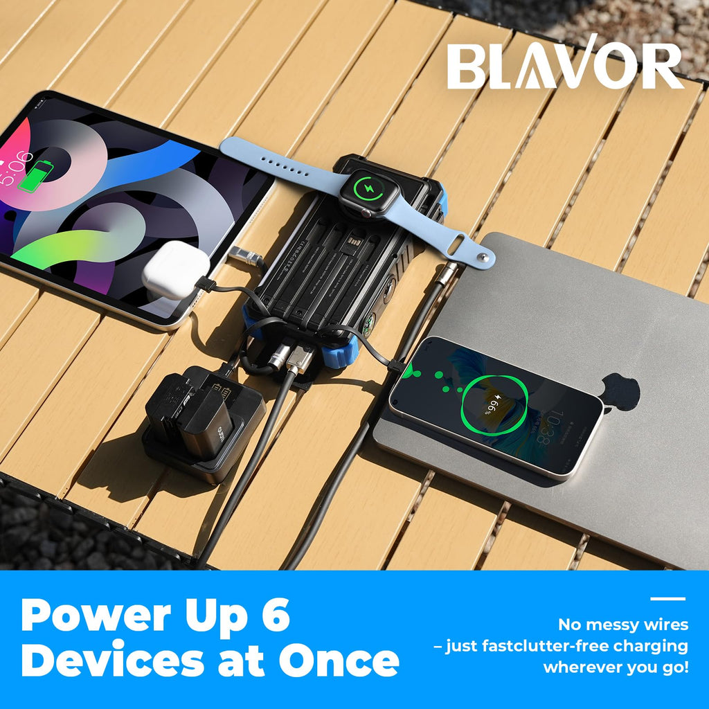 BLAVOR Solar Power Bank 20000mAh Built-in Cables, Wireless Charger for Phones & Apple Watch, 20W Fast Charging Battery Pack with USB C, Flashlight, Solar Charger for iPhone, iPad, iWatch, Samsung