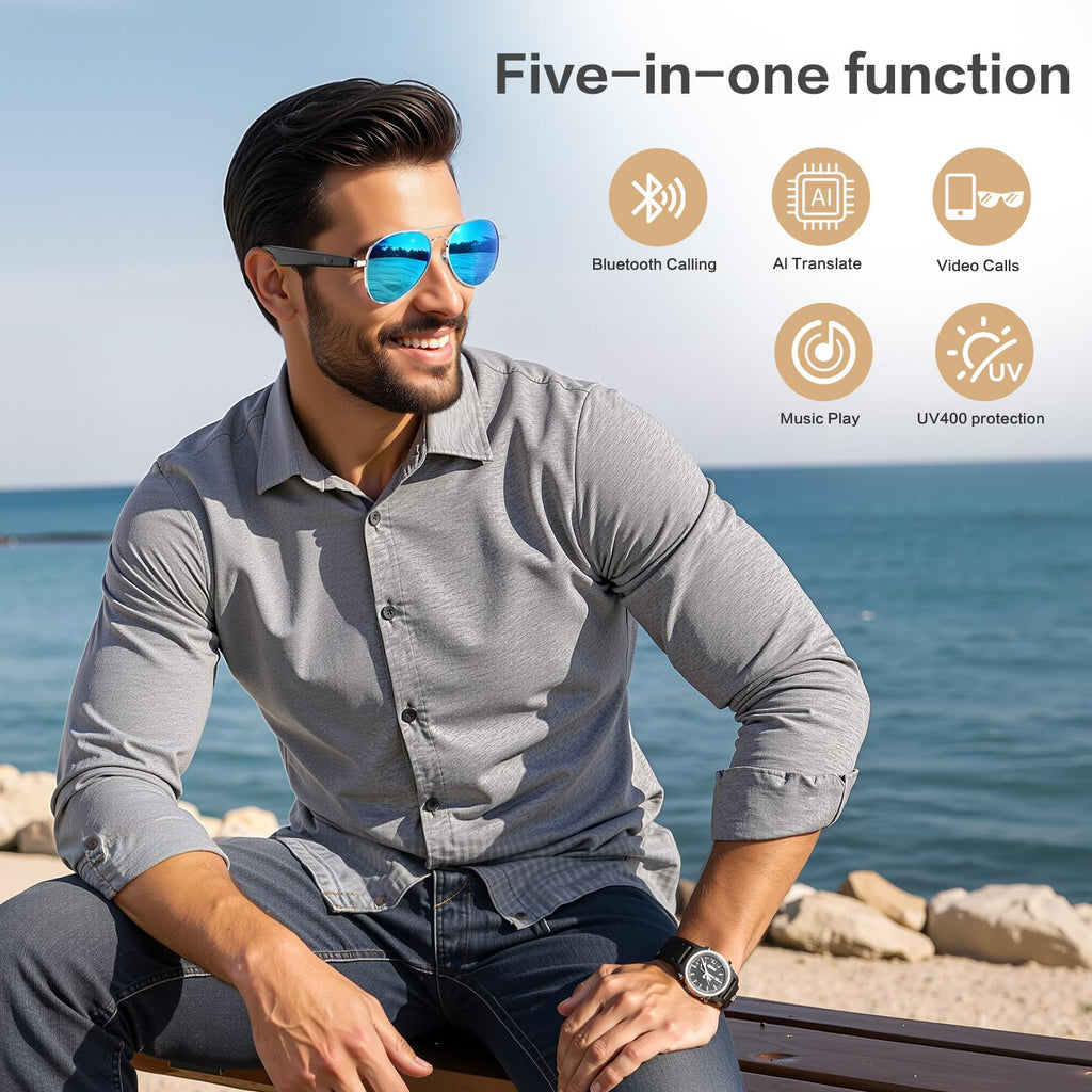 AI Smart Glasses with Chat GPT, AI Translation Glasses with 164 Language, Classic Aviator Sunglasses with Voice Assistant/AI Calling, IP65 Waterproof, Multifunctional Smart Glasses for Men Women