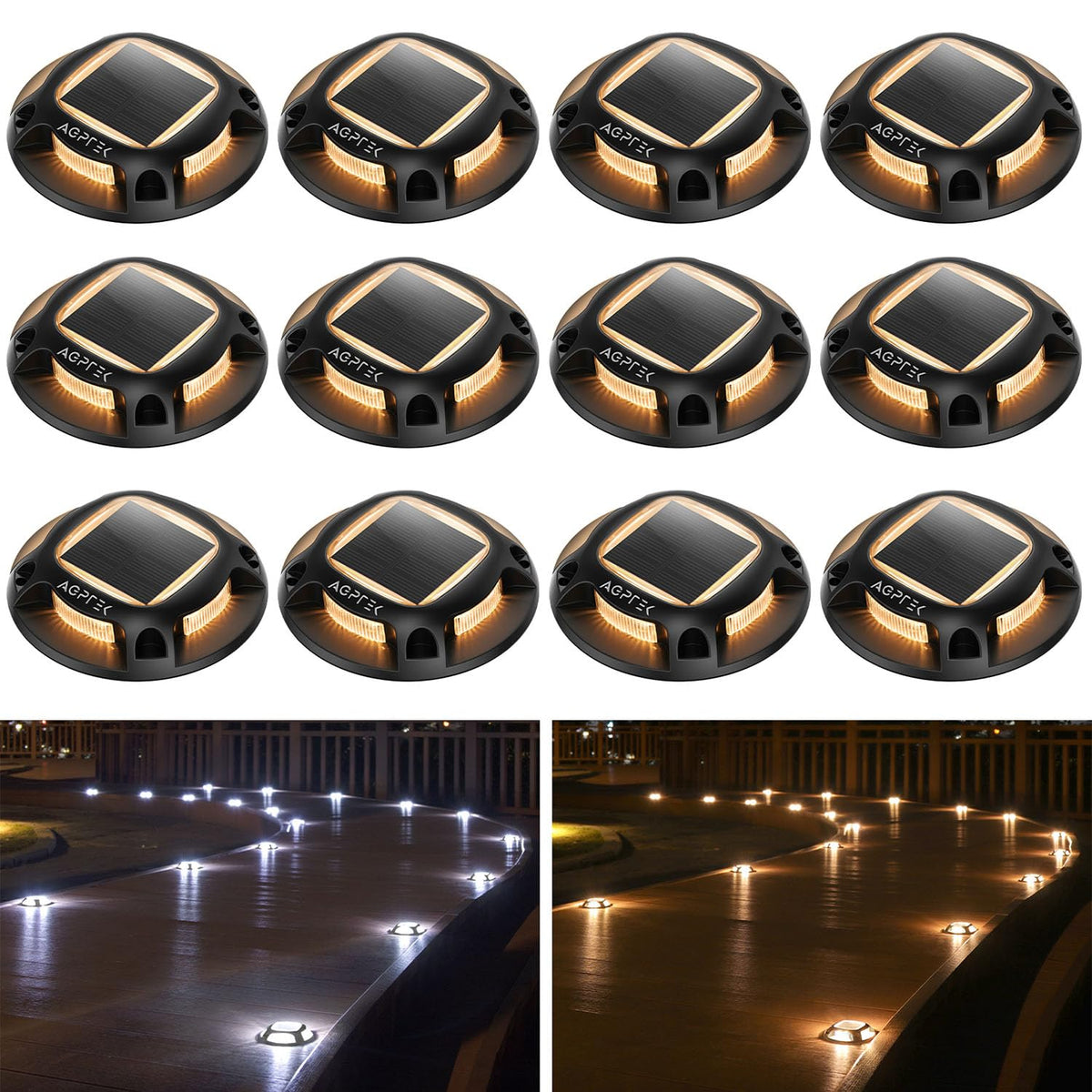 AGPTEK Solar Driveway Lights Outdoor 8 Pack, 2 Color Modes LED Deck Dock