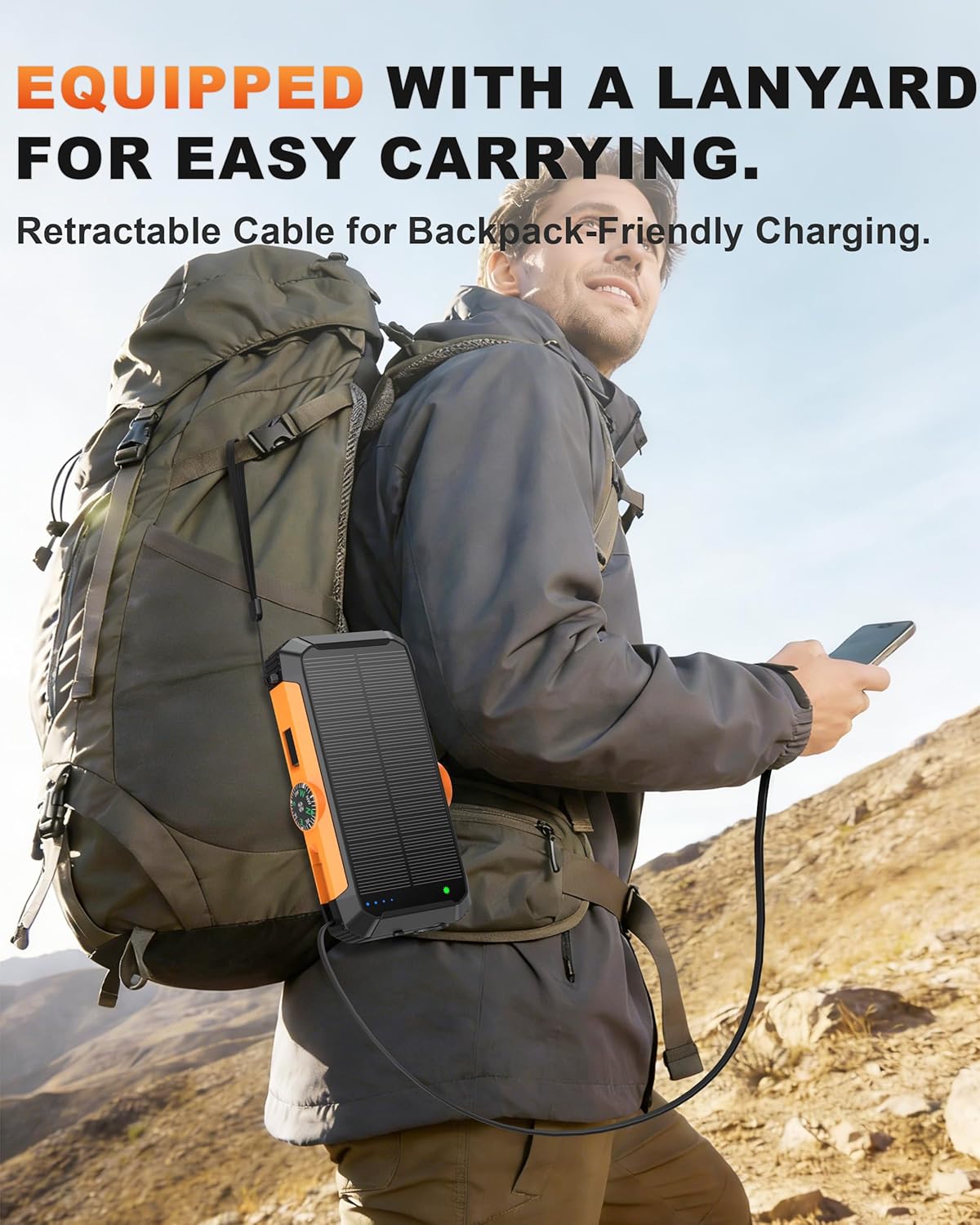 Solar Power Bank 20000mAh, 22.5W Fast Charging Portable Charger with Built-in Retractable USB-C Cable & iOS Adapter, Wireless Charger, Hand Crank Emergency Charger, Dual LED Flashlight for Camping