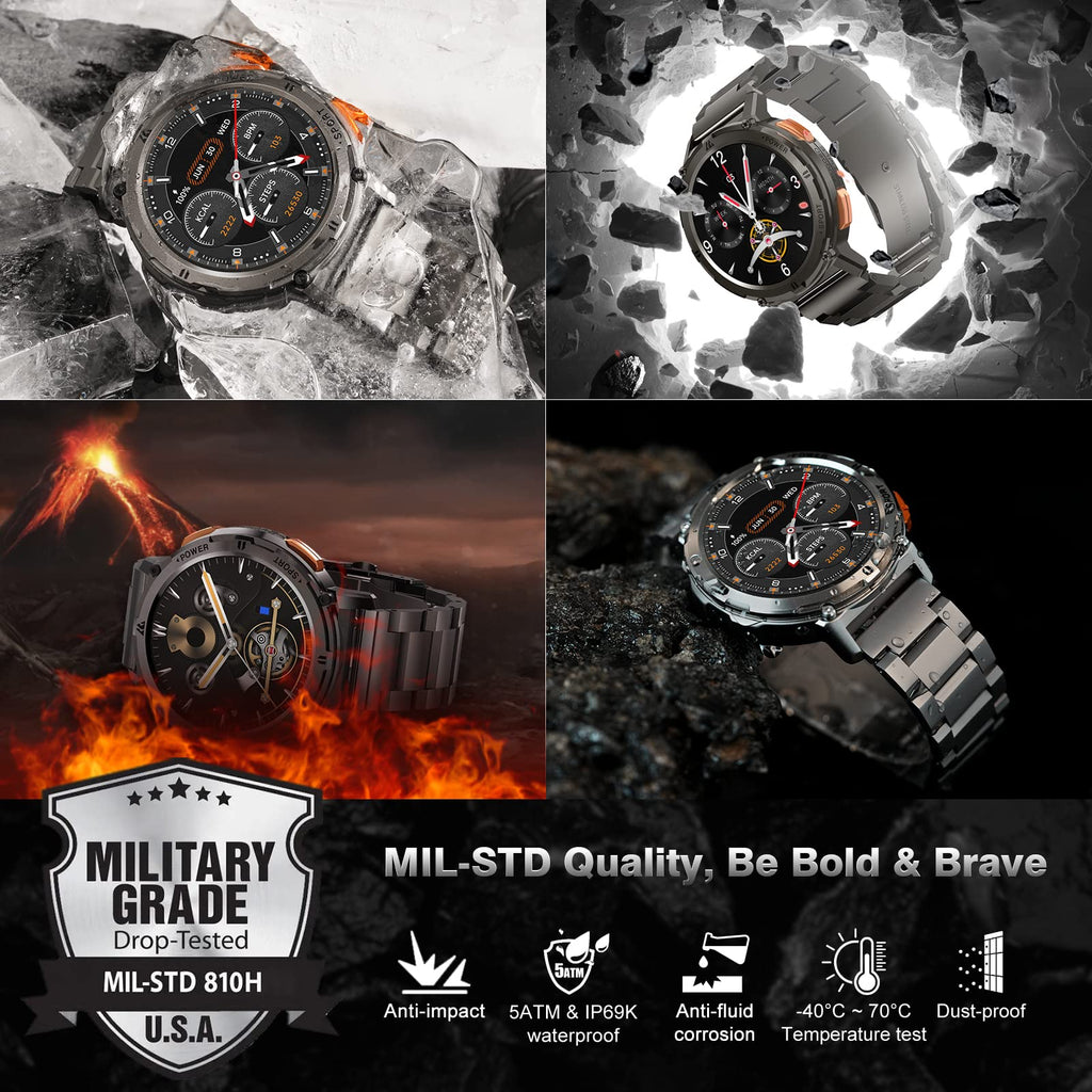 AMAZTIM Smart Watches for Men, 60 Days Extra-Long Battery, 50M Waterproof, Military Bluetooth Call(Answer/Dial Calls) 1.43" AMOLED Fitness Health Watch, AI Voice Assistant