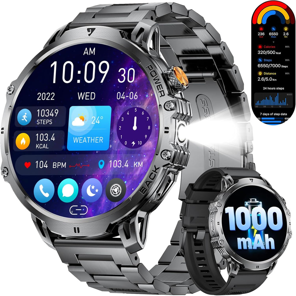 LIGE Military Smart Watches for Men(2 Bands),1000mAh/1.85" HD Large Screen Smartwatch, Flashlight/110+ Sports Modes/Sleep Monitor, Fitness Tracker Watch for Android iOS,Black