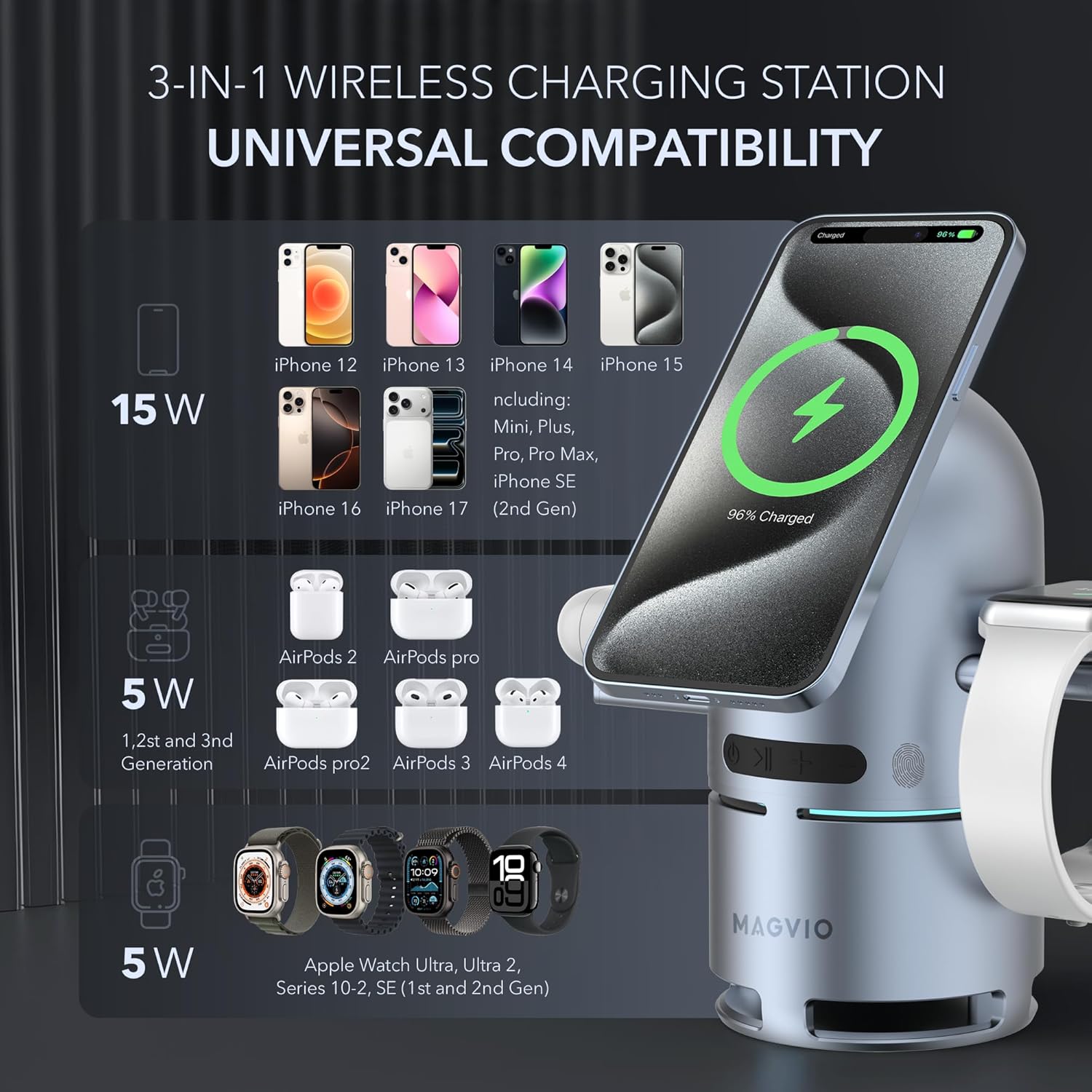 3 in 1 Mag-Safe Charging Station with Bluetooth Speaker, Auto-Rotating Magnetic Stand, 15W Qi2 Fast Wireless Charger for iPhone 17/16/15/14/13/12, Apple Watch, AirPods, 30W USB-C Adapter