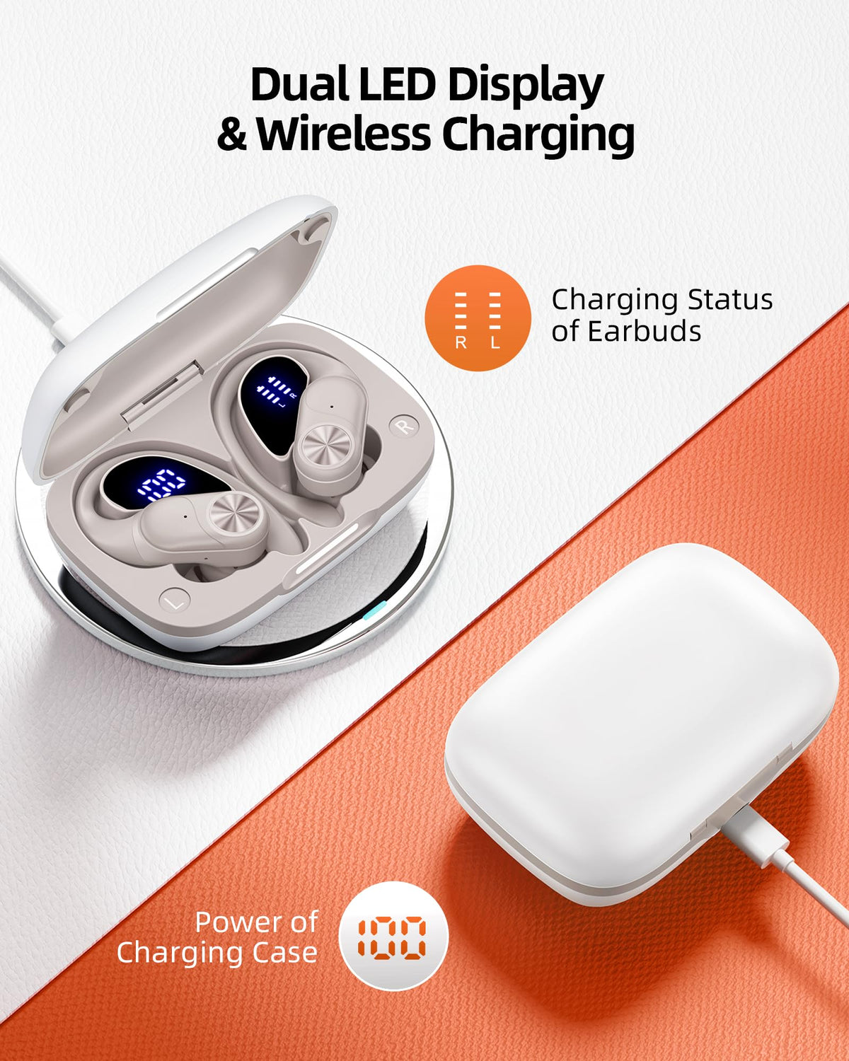 PocBuds Bluetooth Headphones Wireless Earbuds 80hrs Playtime Wireless Charging Case Digital Display Sports Ear Buds with Earhook Deep Bass IPX7 Waterproof Over-Ear Earphones for TV Phone Laptop Black