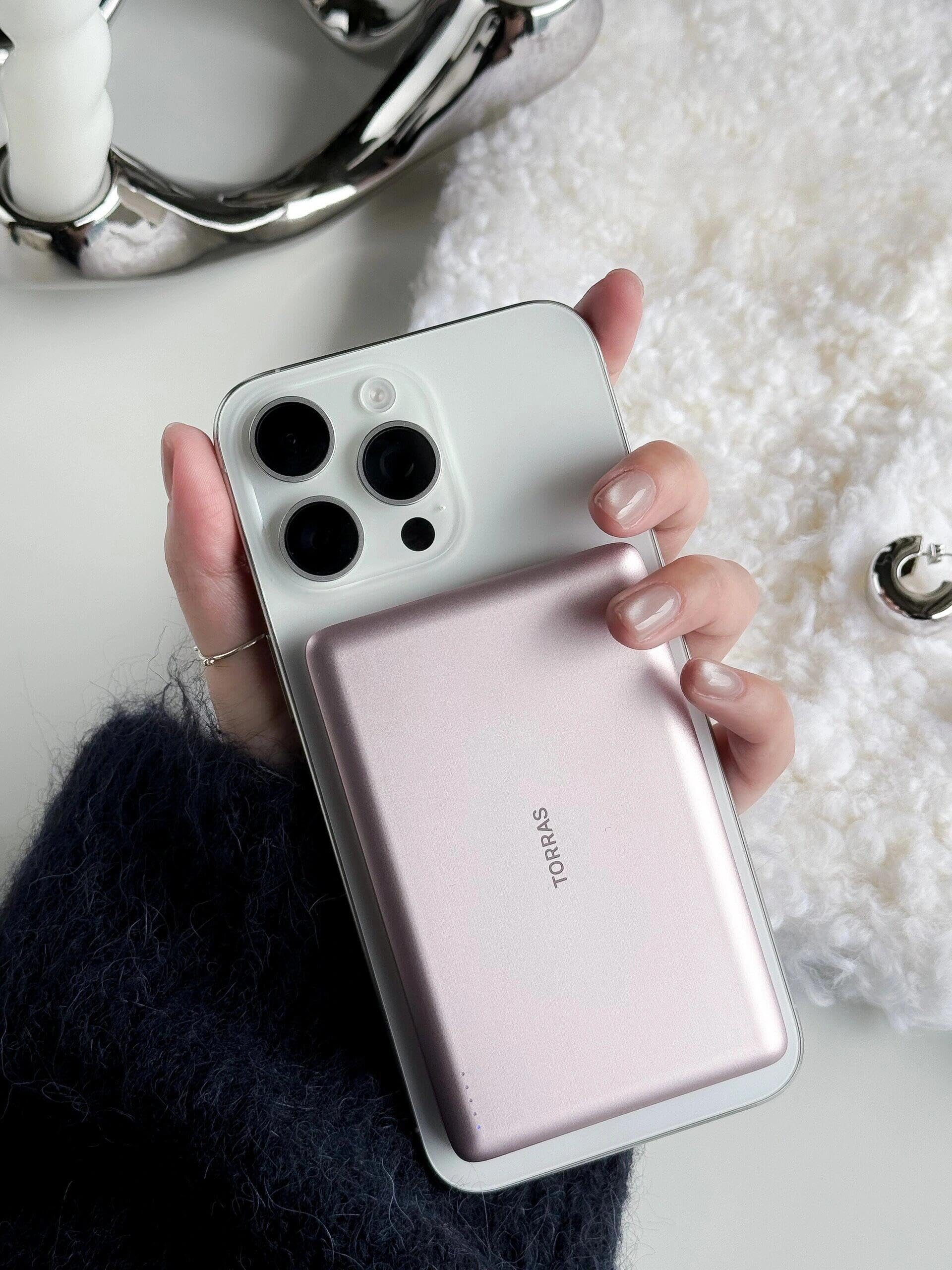 TORRAS MiniMag Power Bank, Ultra Slim 5,000mAh Wireless Portable Charger with USB-C Cable, Fast Charging iPhone Air Magnetic Battery Pack, Compatible for iPhone 17/16/15/14/13/12, Glacier Gray