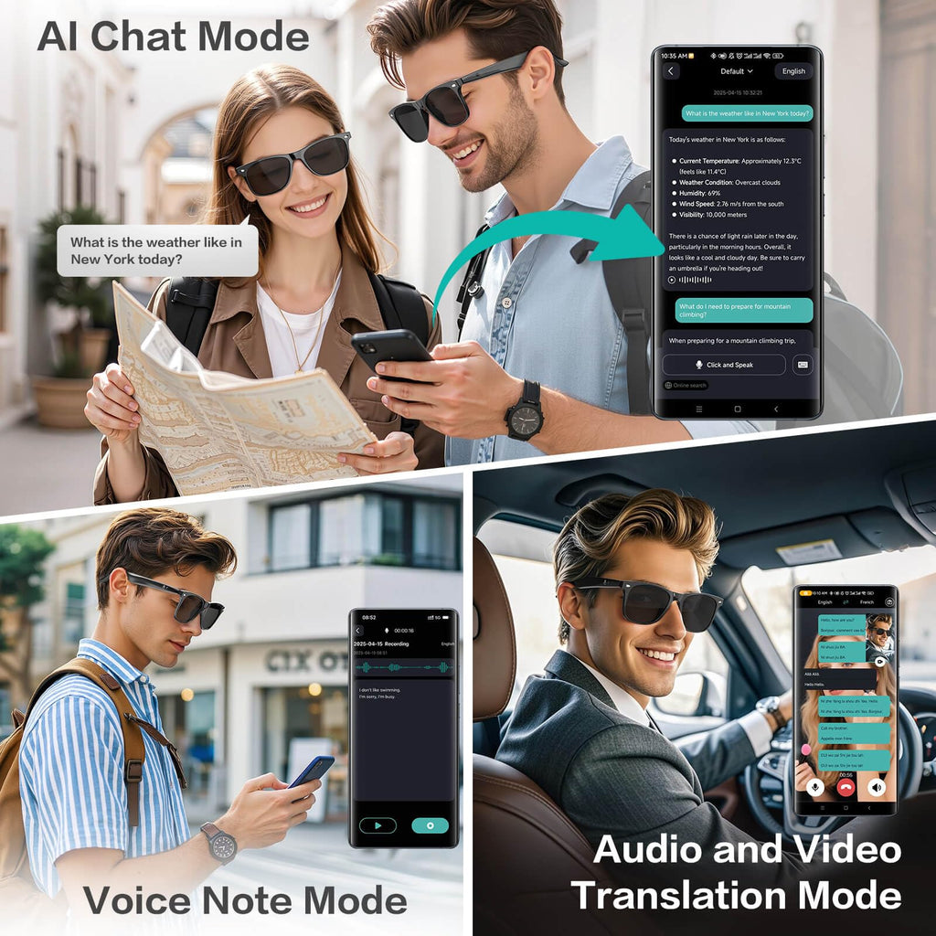 AI Smart Glasses with Chat GPT, AI Translation Glasses with 164 Language, Classic Aviator Sunglasses with Voice Assistant/AI Calling, IP65 Waterproof, Multifunctional Smart Glasses for Men Women