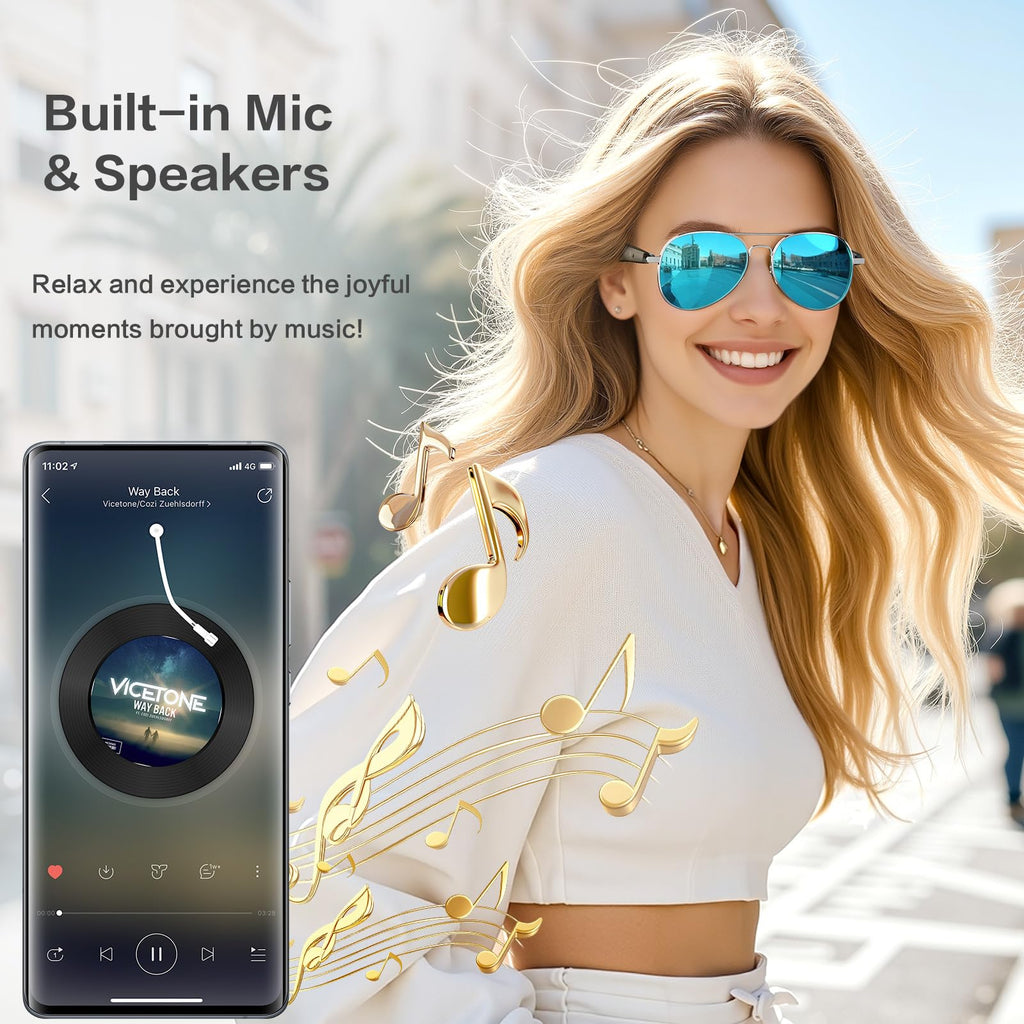 AI Smart Glasses with Chat GPT, AI Translation Glasses with 164 Language, Classic Aviator Sunglasses with Voice Assistant/AI Calling, IP65 Waterproof, Multifunctional Smart Glasses for Men Women