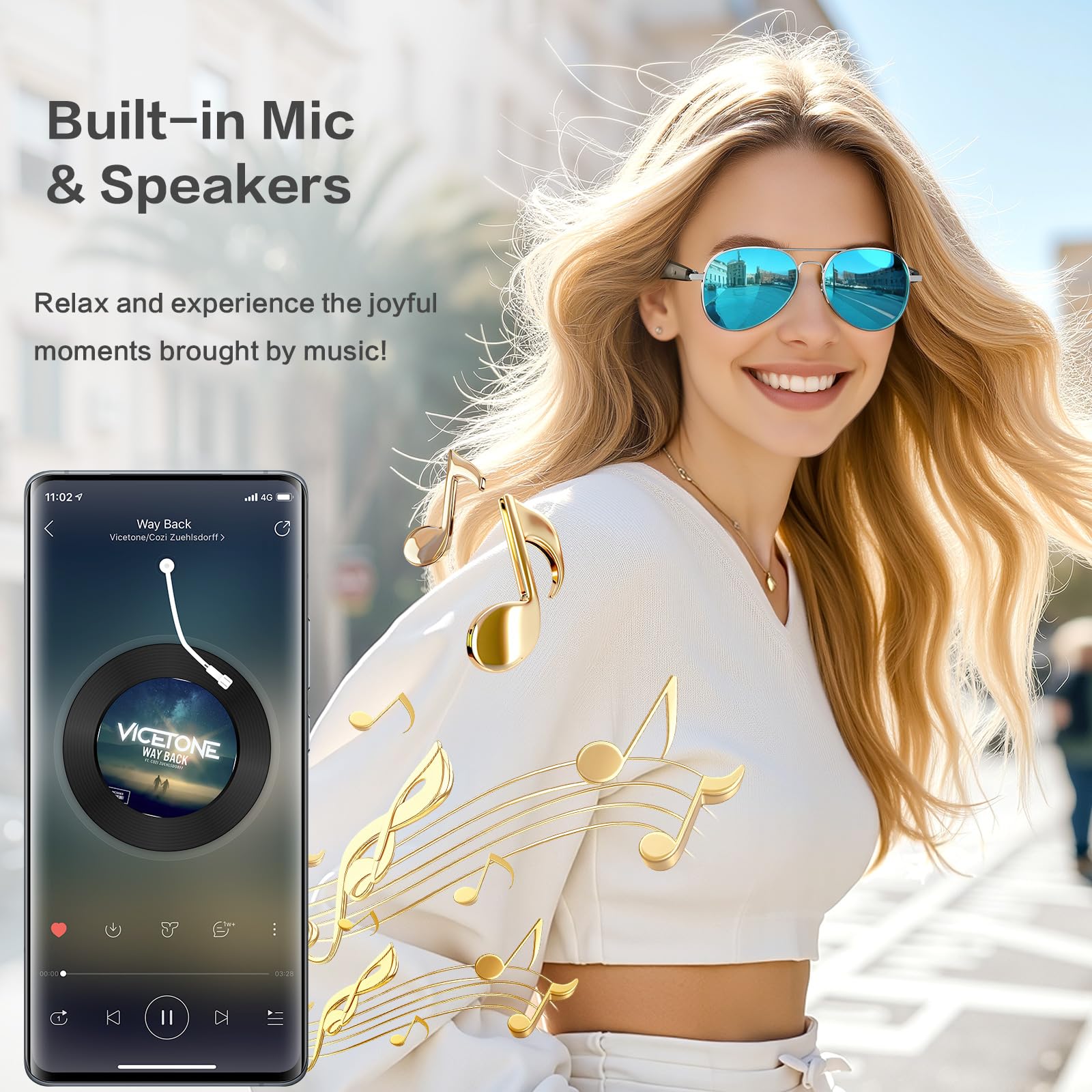 AI Smart Glasses with Chat GPT, AI Translation Glasses with 164 Language, Classic Aviator Sunglasses with Voice Assistant/AI Calling, IP65 Waterproof, Multifunctional Smart Glasses for Men Women
