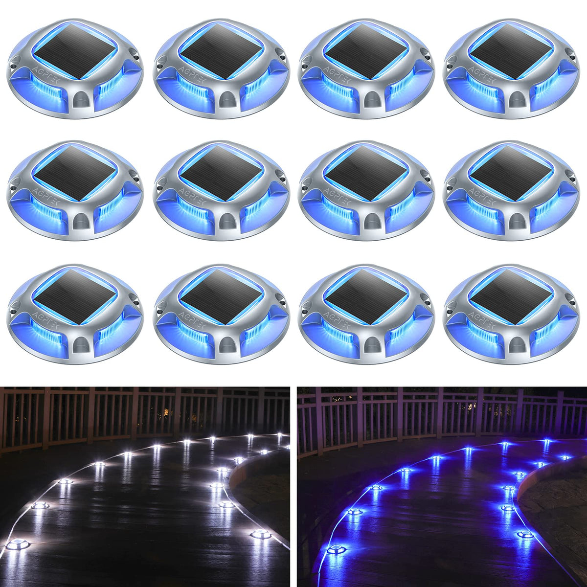 AGPTEK Solar Driveway Lights Outdoor 8 Pack, 2 Color Modes LED Deck Dock