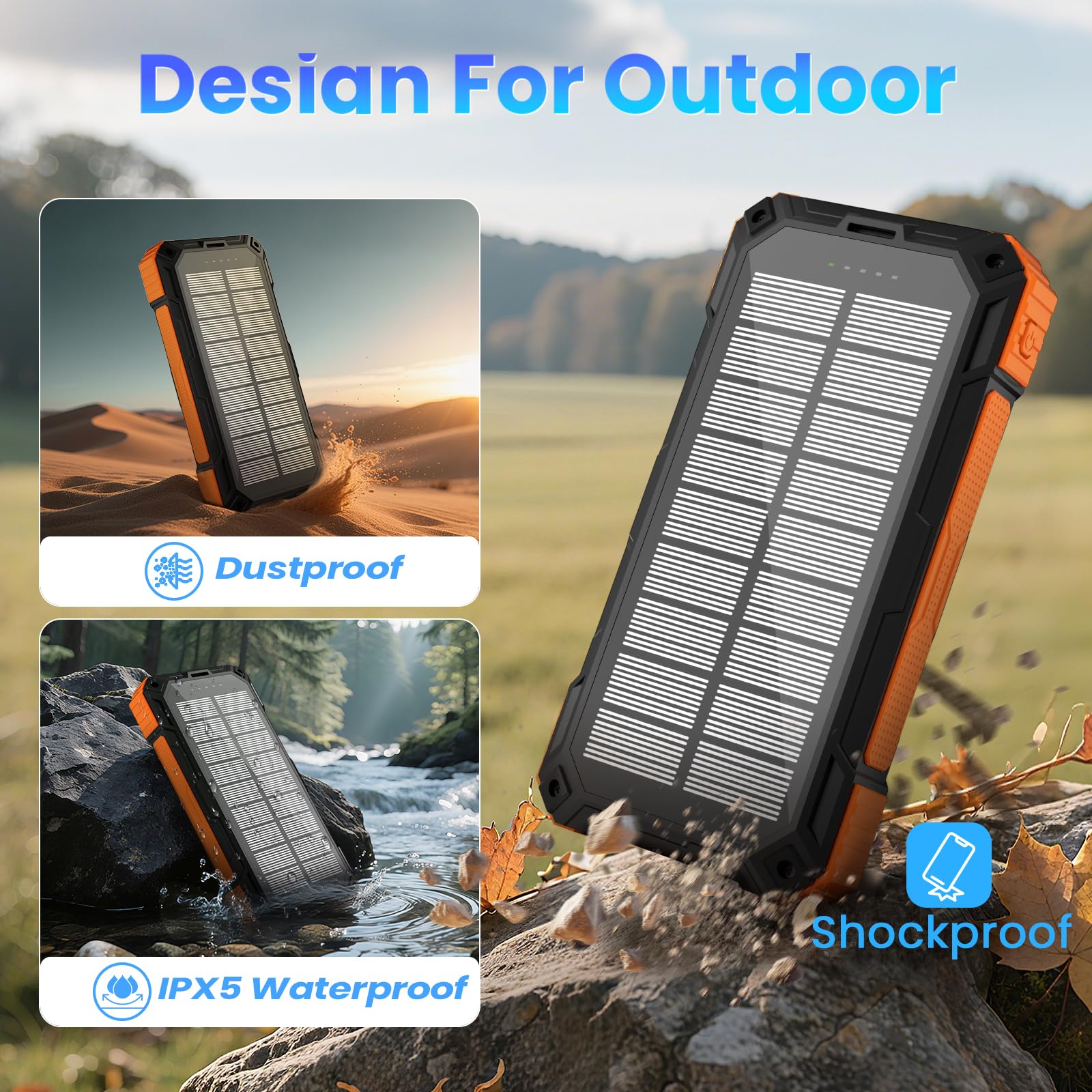 Solar Power Bank 49800mAh - Wireless Portable Charger 15W Fast Charging with 4 Built-in Cables. Equipped with a Powerful Flashlight, IP65 Outdoor Waterproof Power Bank Perfect for Camping, Hiking