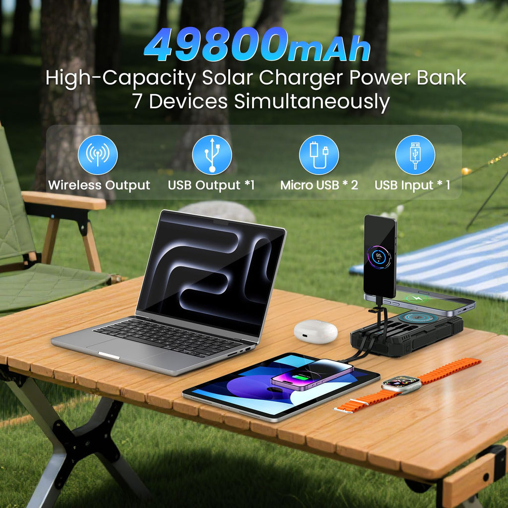 Solar Power Bank 49800mAh - Wireless Portable Charger 15W Fast Charging with 4 Built-in Cables. Equipped with a Powerful Flashlight, IP65 Outdoor Waterproof Power Bank Perfect for Camping, Hiking