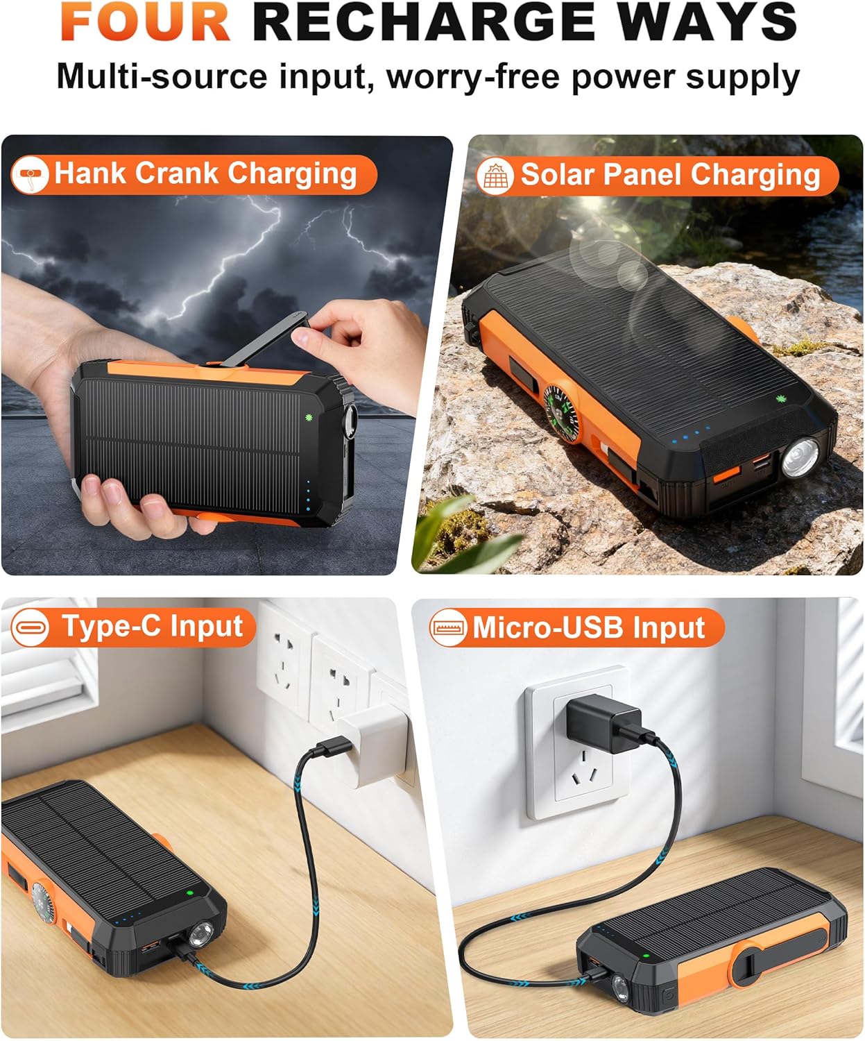 Solar Power Bank 20000mAh, 22.5W Fast Charging Portable Charger with Built-in Retractable USB-C Cable & iOS Adapter, Wireless Charger, Hand Crank Emergency Charger, Dual LED Flashlight for Camping