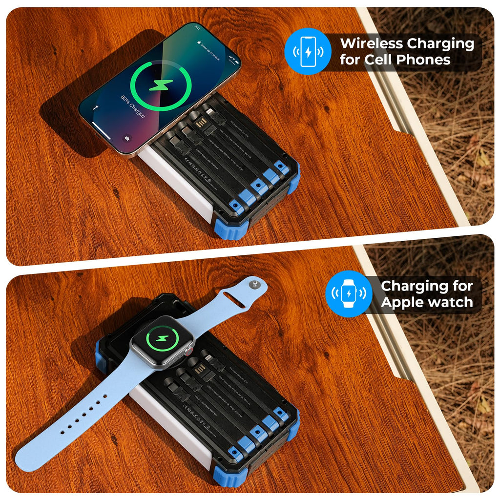 BLAVOR Solar Power Bank 20000mAh Built-in Cables, Wireless Charger for Phones & Apple Watch, 20W Fast Charging Battery Pack with USB C, Flashlight, Solar Charger for iPhone, iPad, iWatch, Samsung