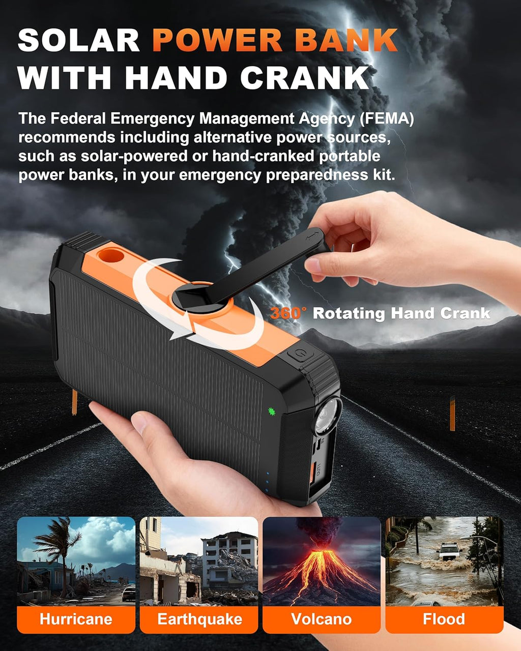 Solar Power Bank 20000mAh, 22.5W Fast Charging Portable Charger with Built-in Retractable USB-C Cable & iOS Adapter, Wireless Charger, Hand Crank Emergency Charger, Dual LED Flashlight for Camping