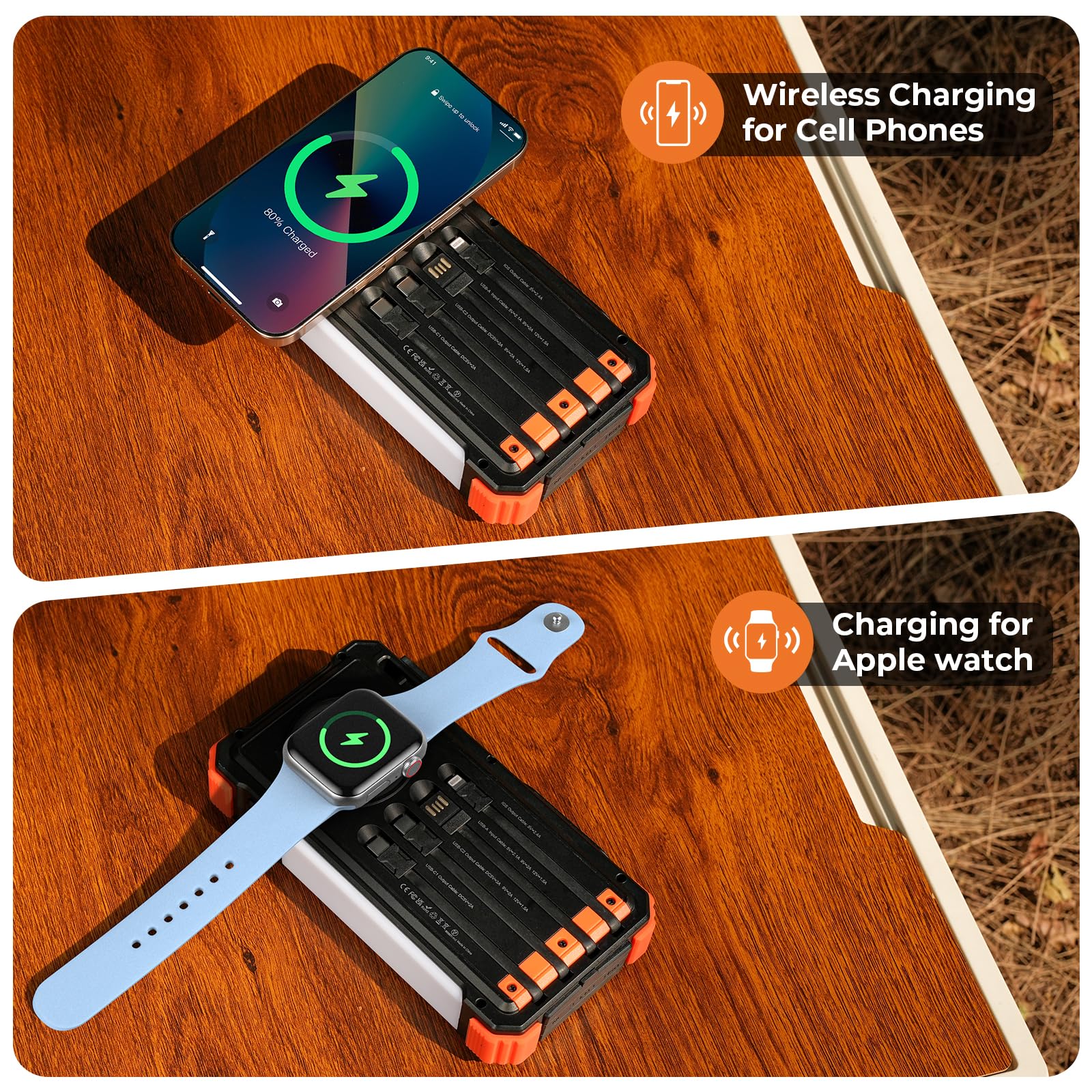 BLAVOR Solar Power Bank 20000mAh Built-in Cables, Wireless Charger for Phones & Apple Watch, 20W Fast Charging Battery Pack with USB C, Flashlight, Solar Charger for iPhone, iPad, iWatch, Samsung
