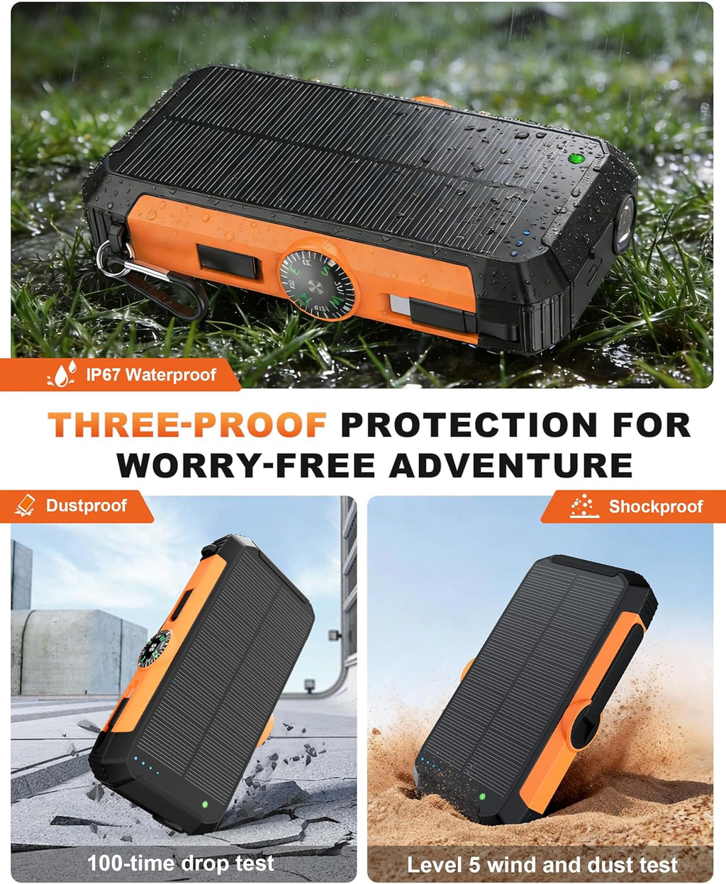 Solar Power Bank 20000mAh, 22.5W Fast Charging Portable Charger with Built-in Retractable USB-C Cable & iOS Adapter, Wireless Charger, Hand Crank Emergency Charger, Dual LED Flashlight for Camping
